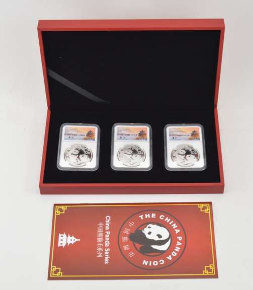 (3) MS70 2021(G), (S), (Y) China 10 Yuan 30g .999 Silver Panda NGC/COA