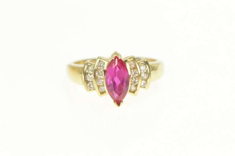 10K Yellow Gold Marquise Synthetic Ruby Diamond Statement Ring