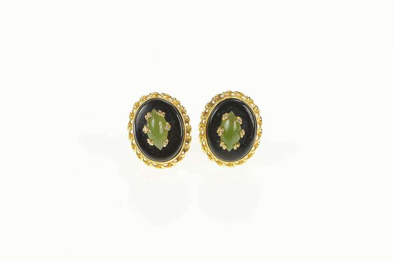 14K Yellow Gold Retro Black Onyx Nephrite Statement Stud Earrings