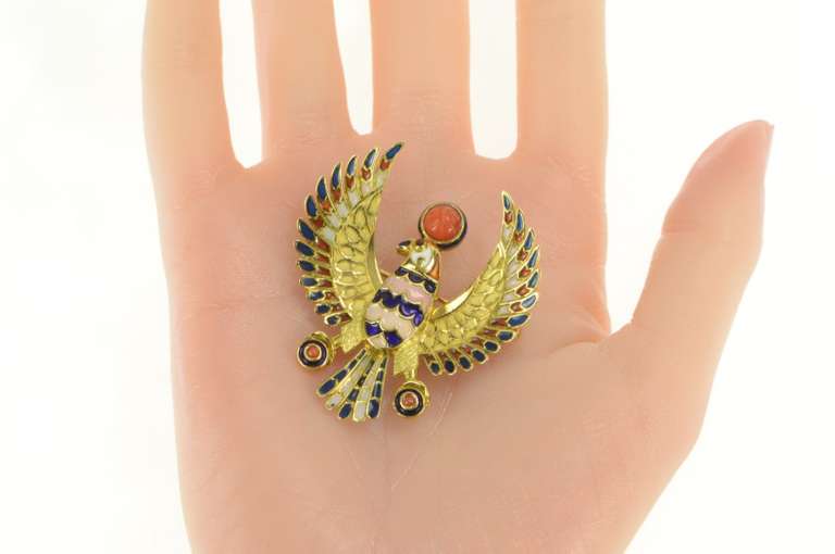 22K Yellow Gold Horus Ancient Egyptian Enamel Falcon Symbol Pin/Brooch