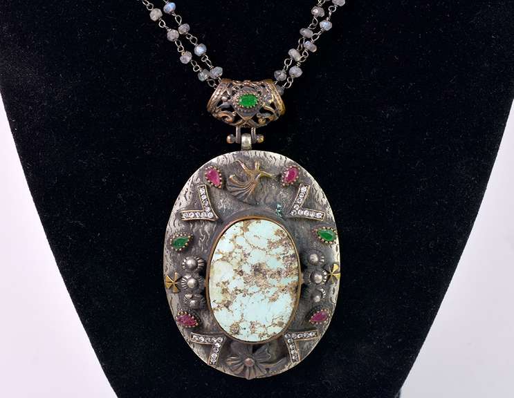 Lovely 41.29CTW Turquoise & 0.12CTW Diamond Pendant with Labradorite Necklace in Sterling Silver