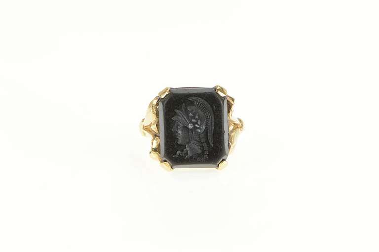 14K Yellow Gold Art Deco Hematite Carved Intaglio Vintage Ring
