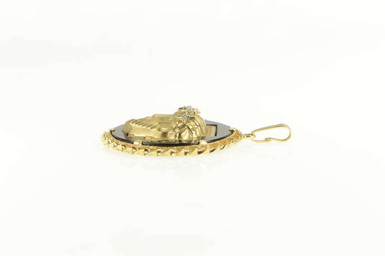 14K Yellow Gold Jesus Crown of Thorns Onyx Diamond Christian Pendant