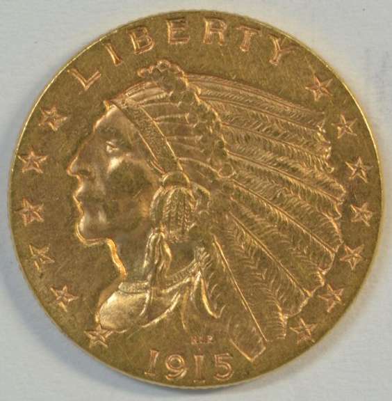 Mint State BU 1915 US $2.50 Indian Gold Piece. Better date