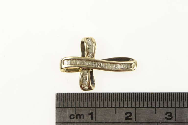 10K Yellow Gold Pave Baguette Diamond Curvy Cross Faith Pendant