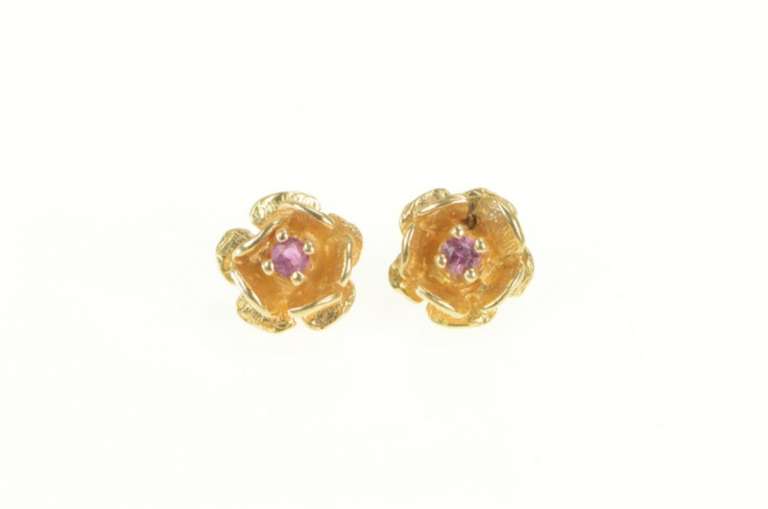 14K Yellow Gold Natural Ruby 3D Rose Flower Statement Stud Earrings