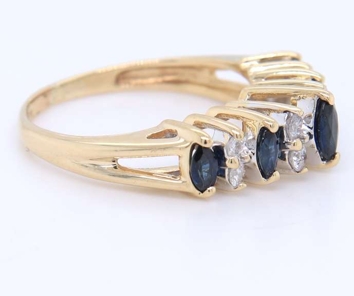 Stunning Yellow Gold Marquise Blue Sapphire and Diamond Pyramid Ring