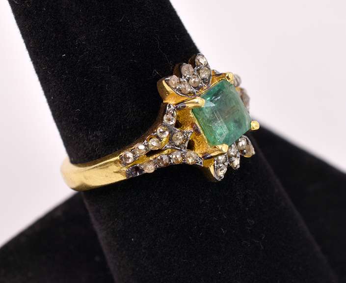 Precious 1.30CTS Emerald & 0.26CTW Diamond Ring in Gold Plated Sterling Silver