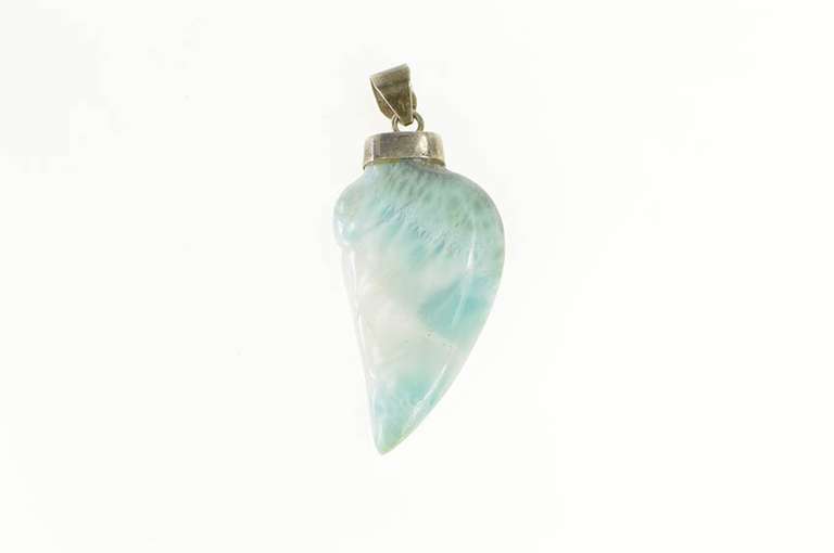 Sterling Silver Carved Larimar Stone Half Heart Talisman Pendant
