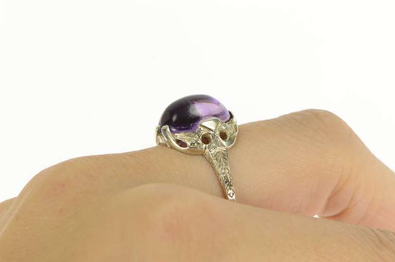 18K White Gold Art Deco Amethyst Filigree Engraved Elaborate Ring