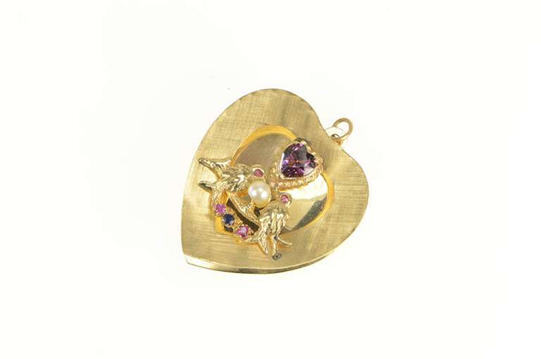 14K Yellow Gold 1960's Love Birds Pearl Amethyst Heart Charm/Pendant
