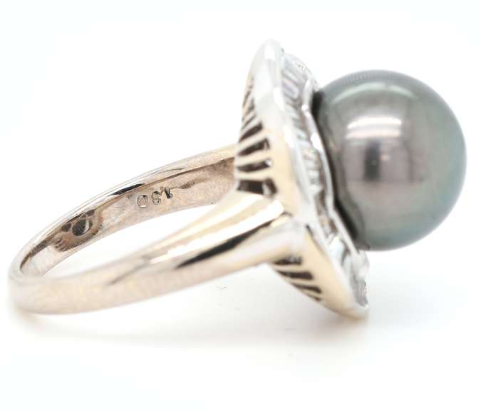 12.0MM Cultured Black Tahitian Pearl and Baguette Diamond Frame Ring in 18K
