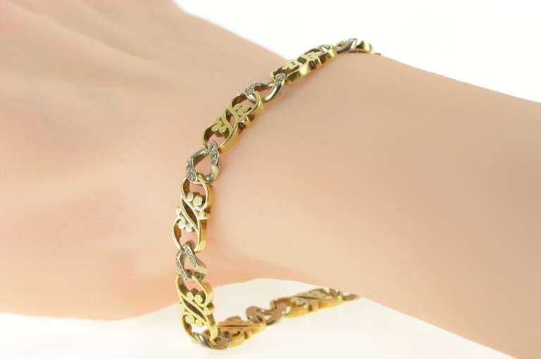 14K Yellow Gold Two Tone Diamond Scroll Filigree Chain Link Bracelet