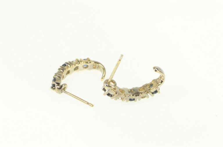 14K Yellow Gold Natural Sapphire Diamond Curved Bar Hoop Earrings