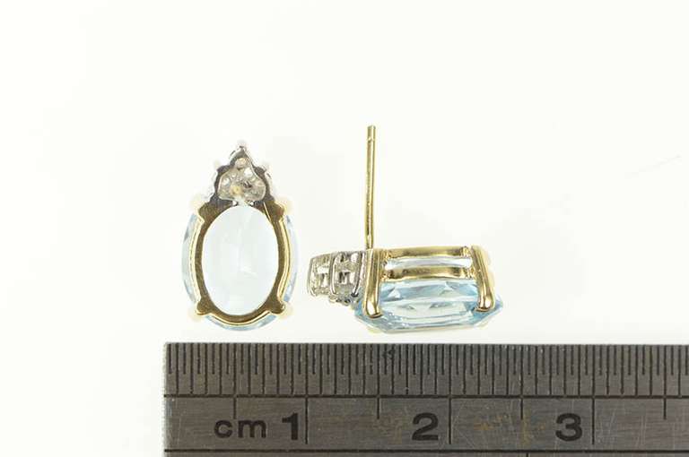 14K Yellow Gold Oval Blue Topaz Diamond Cluster Accent Earrings