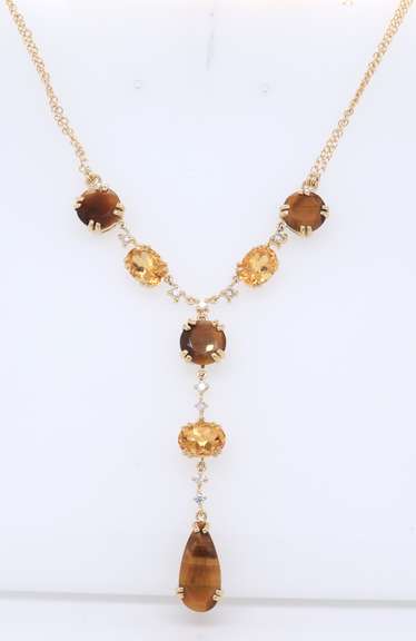 Pleasing Yellow Gold Tiger Eye, Citrine and Diamond Necklace