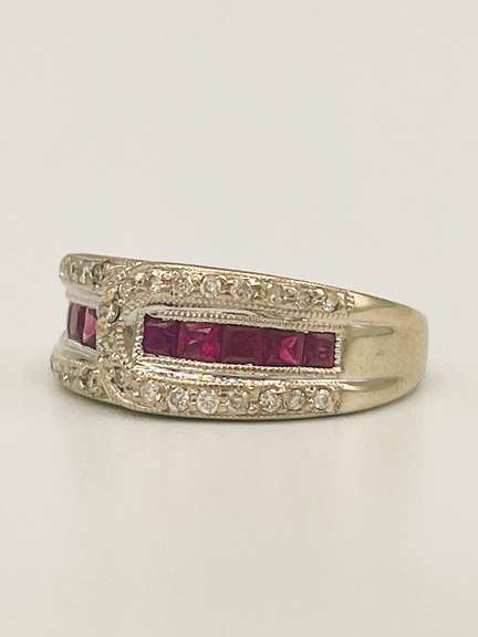 14kt Solid White Gold, Ruby, and Diamond Ring