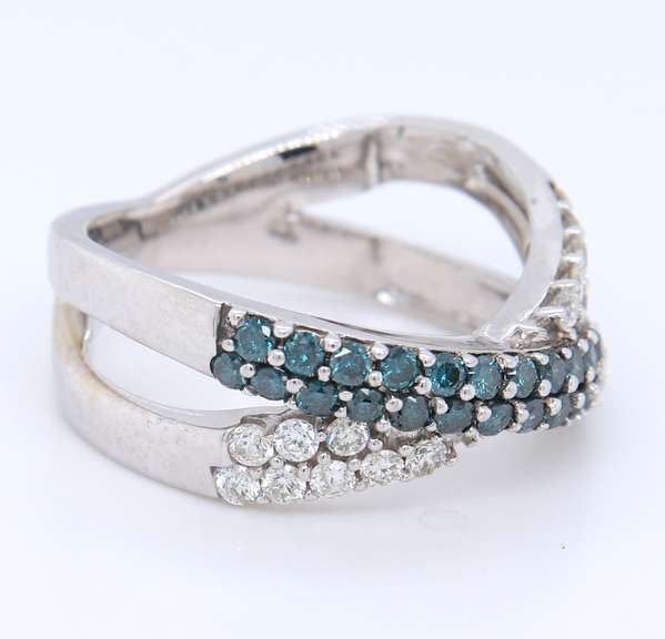 Powerful White Gold Ir Teal and White Diamond Crossover Ring