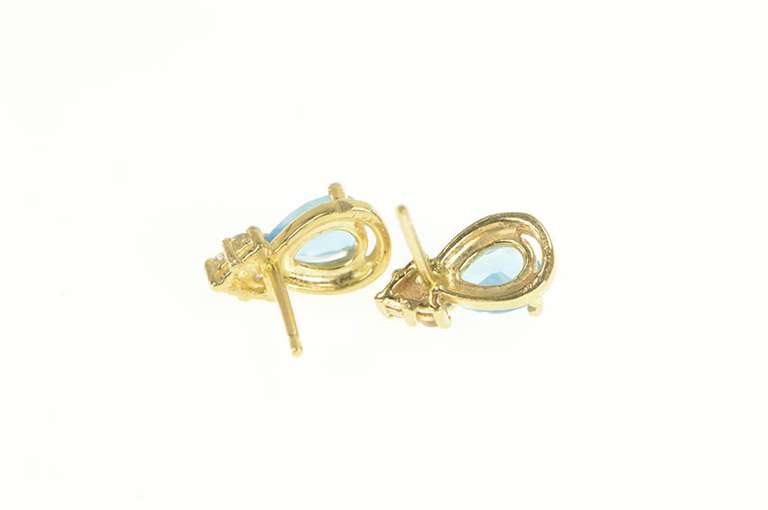 14K Yellow Gold Pear Blue Topaz Diamond Cluster Stud Earrings