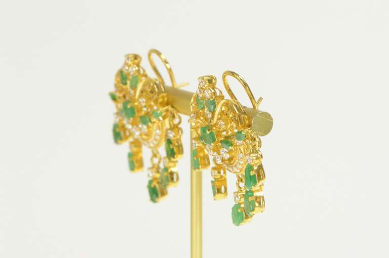 22K Yellow Gold Natural Emerald CZ Encrusted Fringe Statement Earrings