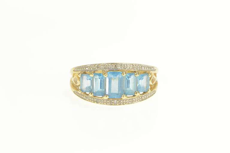 14K Yellow Gold Graduated Emerald Blue Topaz Statement Ring