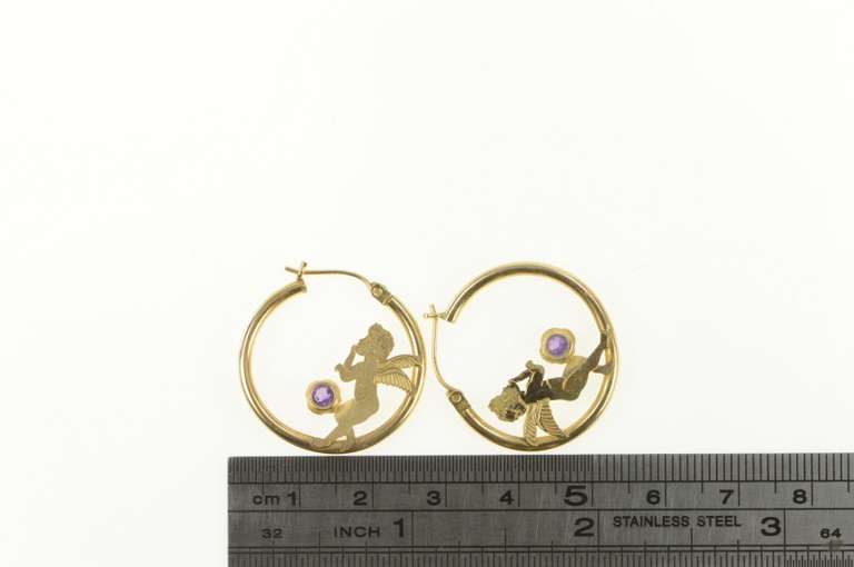 10K Yellow Gold Round Amethyst Cherub Baby Angel Hoop Earrings