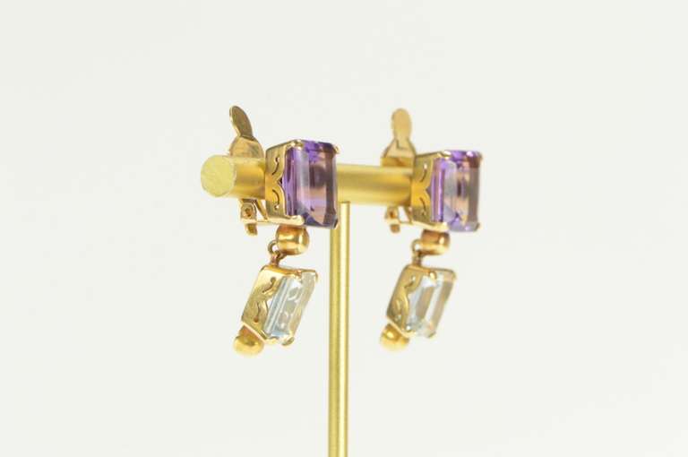 14K Yellow Gold Emerald Cut Amethyst Blue Topaz Dangle Clip Earrings