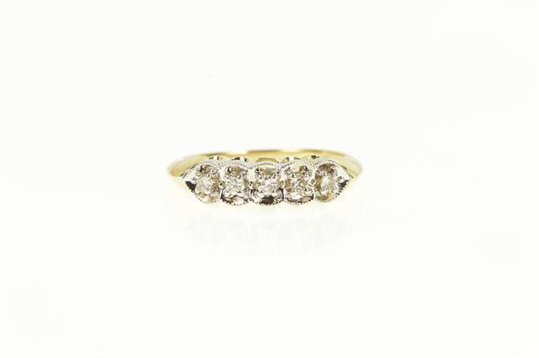 14K Yellow Gold 1950's Heart Five Diamond Wedding Band Ring