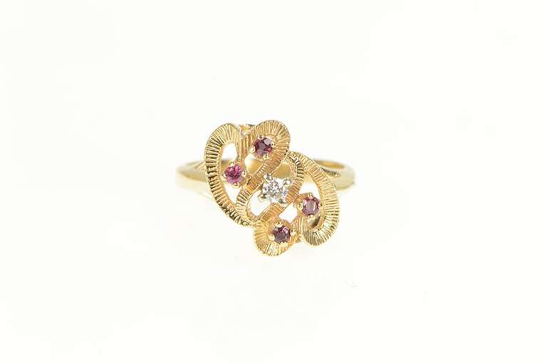 10K Yellow Gold 1950's Natural Ruby Diamond Heart Bypass Ring