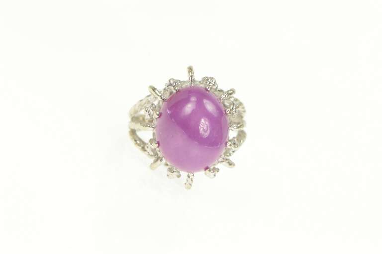 14K White Gold Oval Syn. Star Ruby Cabochon Ornate Cocktail Ring