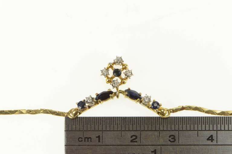 9K Yellow Gold Sapphire Diamond Round Cluster Square Chain Necklace
