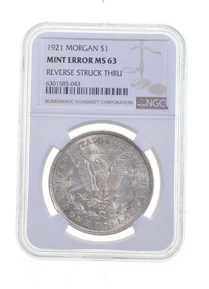 Mint Error MS63 1921 Morgan Silver Dollar - REV Struck Thru Graded NGC