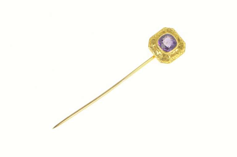 14K Yellow Gold Victorian Amethyst Elaborate Scroll Design Stick Pin