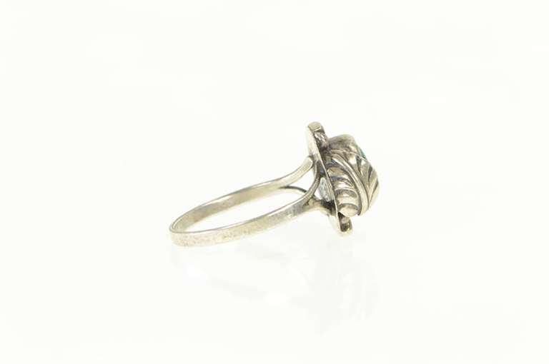 Sterling Silver Taxco Malachite Cabochon Leaf Statement Ring