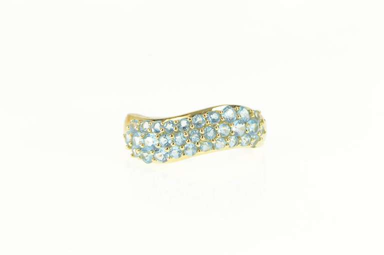 14K Yellow Gold Pave Blue Topaz Encrusted Wavy Band Ring
