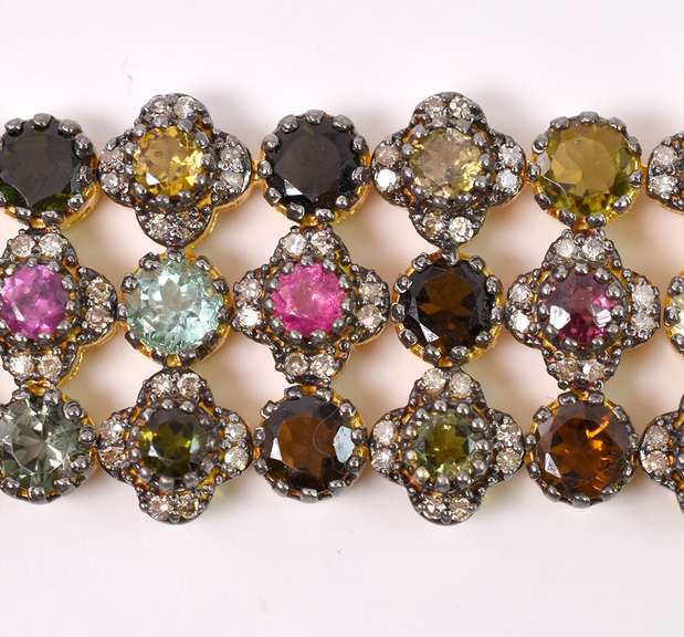 Gorgeous Brand New European 75.00CTW Tourmaline &. 6.00CTW Diamond Bracelet in Gold Plated Sterling Silver