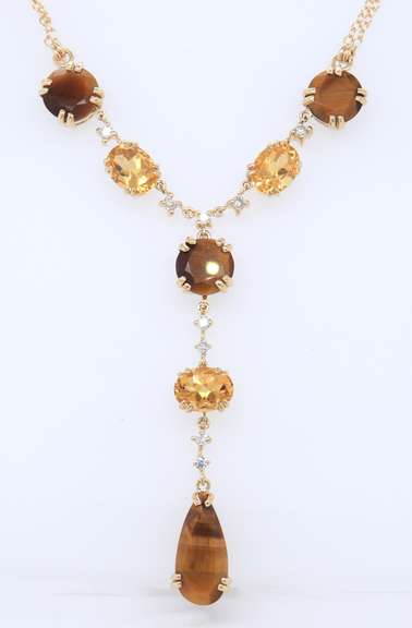 Pleasing Yellow Gold Tiger Eye, Citrine and Diamond Necklace