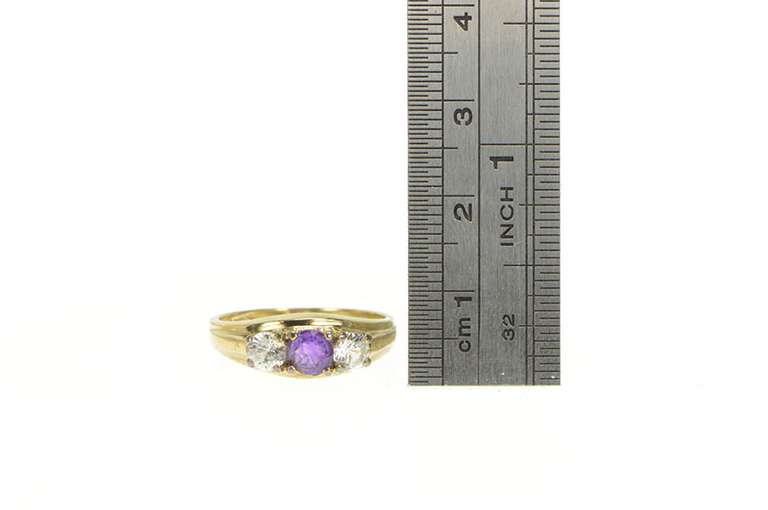 8K Yellow Gold Amethyst Cubic Zirconia Three Stone Vintage Ring