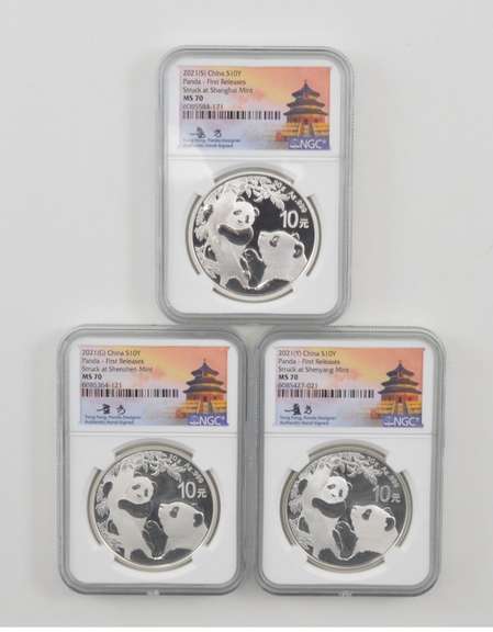 (3) MS70 2021(G), (S), (Y) China 10 Yuan 30g .999 Silver Panda NGC/COA