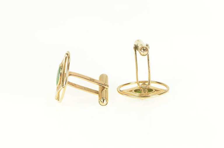 14K Yellow Gold 1960's Geometric Jade Ornate Retro Men's Cuff Links
