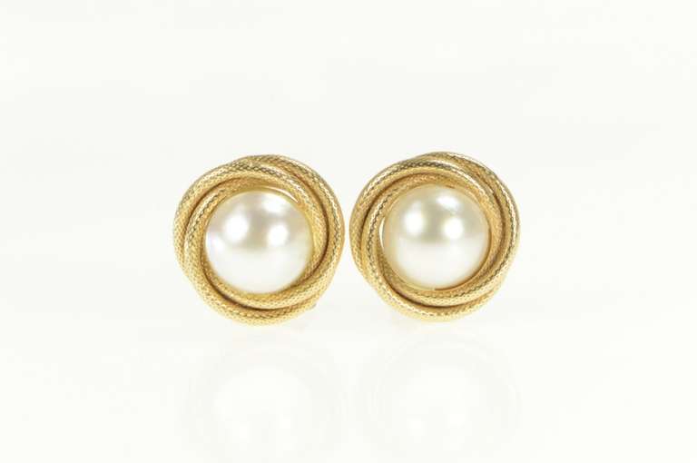 14K Yellow Gold Pearl Twist Design Mabe Clip Back Retro Earrings