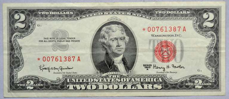 1963A Star Red Seal $2 US Note