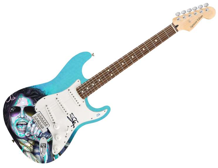 Aerosmith Autographed Steven Tyler Photo Graphics Guitar ACOA