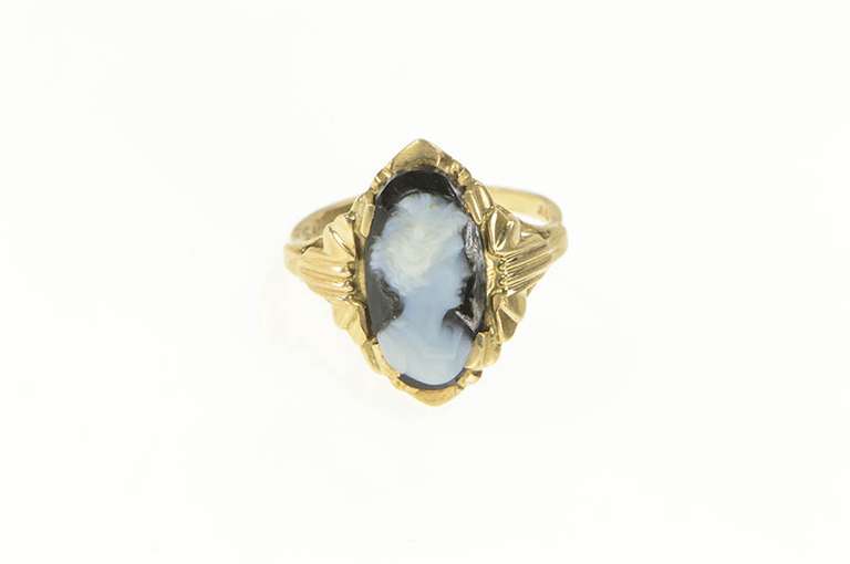 10K Yellow Gold Carved Agate Lady Cameo Vintage Statement Ring