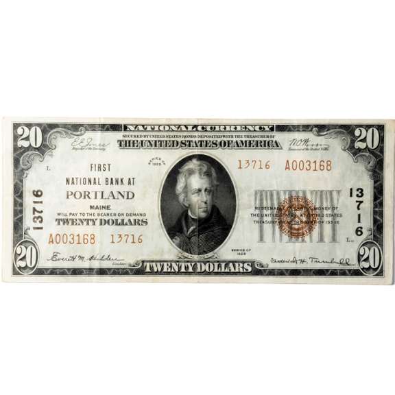$20 1929 National Currency First National Bank Portland Maine  Note