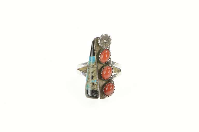 Sterling Silver Native American Coral Turquoise Onyx Ring