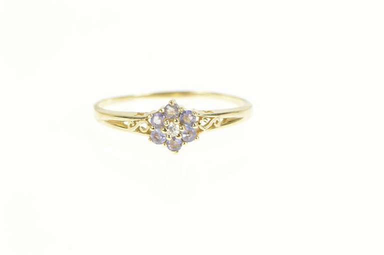 10K Yellow Gold Tanzanite Flower Diamond Cluster Statement Ring