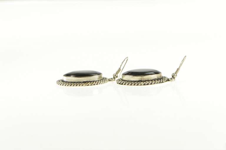 Sterling Silver Oval Black Onyx Rope Dangle Southwestern Earrings