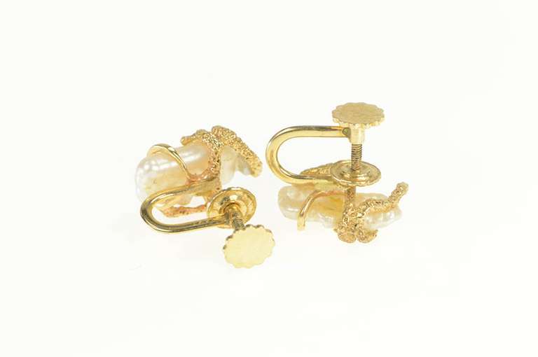 14K Yellow Gold Blister Pearl Ornate Vine Wrap Screw Back Earrings