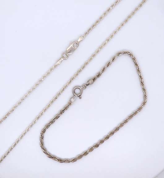 Set of Vintage Italian 925 Sterling Silver Rope Chain Necklace and Matching Bracelet
